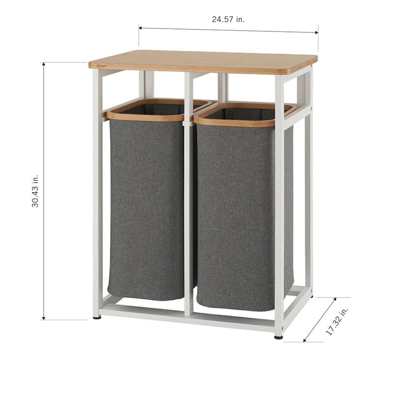 TRINITY EcoStorage Bamboo Wood Laundry Organizer Station with Folding Shelf and 2 Pull-Out Removeable Hamper Bags, White - Image 4