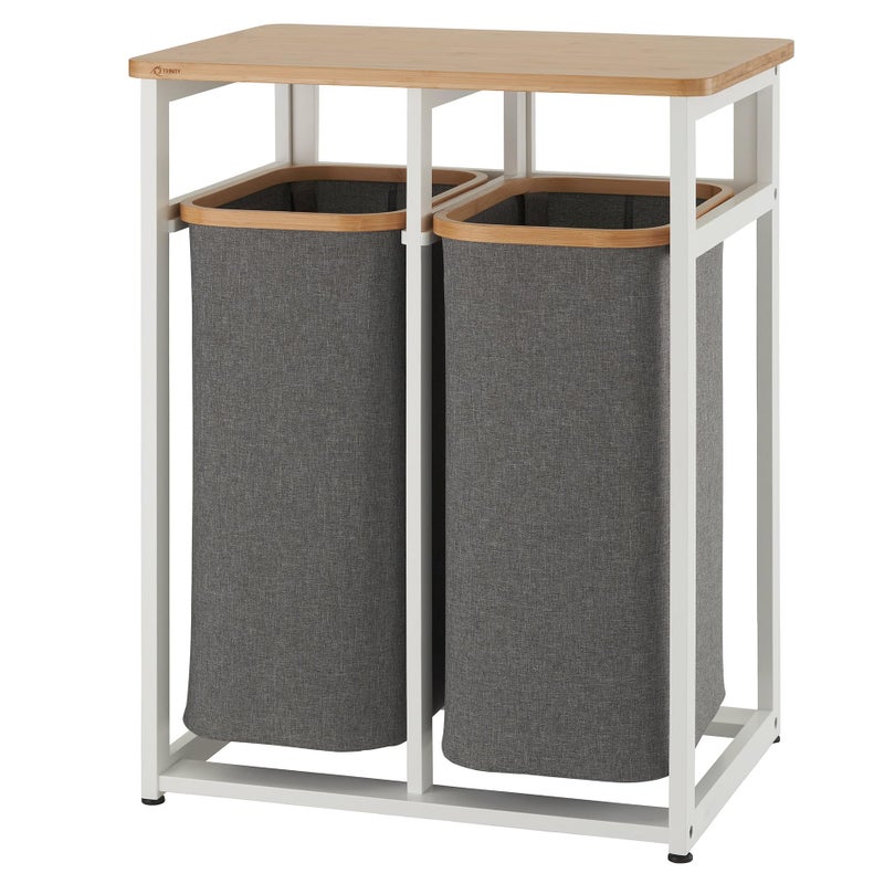 TRINITY EcoStorage Bamboo Wood Laundry Organizer Station with Folding Shelf and 2 Pull-Out Removeable Hamper Bags, White - Image 1