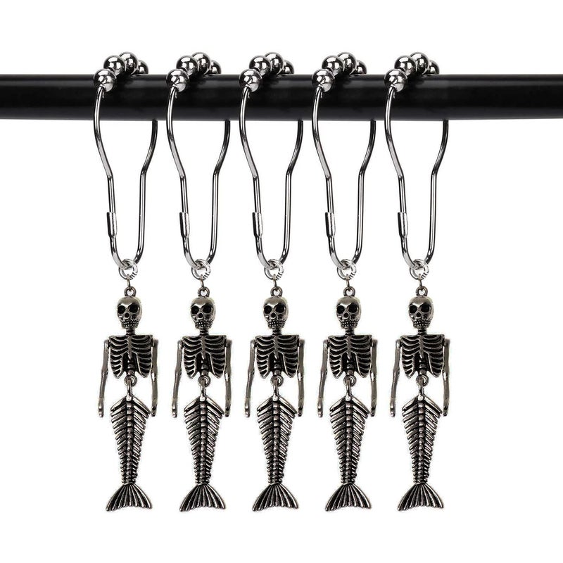 ZILucky 12Pcs Mermaid Skeleton Shower Curtain Hooks Halloween Decorative Home Bathroom Decor Rustproof Skeletons Shower Curtain Rings Mermaid Skull Silver