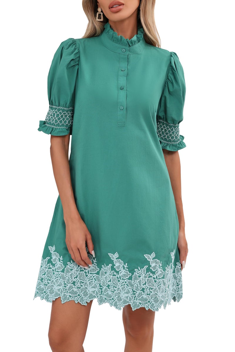 YEXPINE Women's Summer Embroidered Mini Dress Short Puff Sleeve Ruffle Collar Button Front Shift Dress Green - Image 1