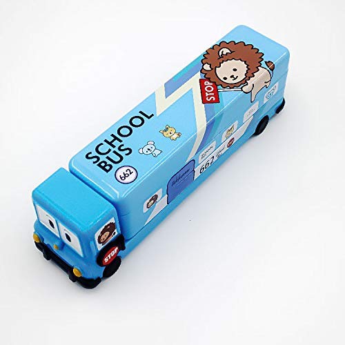 SillyMe School Bus Shaped Pencil Box for Kids with Wheels and Sharpener (Metal) - Blue - Image 5