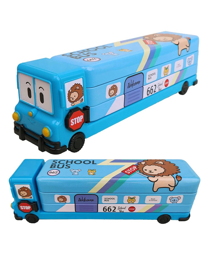 SillyMe School Bus Shaped Pencil Box for Kids with Wheels and Sharpener (Metal) - Blue - Image 1