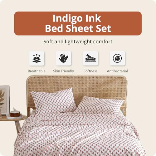 Indigo Ink Twin Size 3-Piece Sheet Set - Fitted & Flat Sheets & Pillowcase | Boho Medallion Pattern | Soft & Breathable | Durable & Wrinkle Resistant | Deep Pocket Sheets | Panther Collection, Spice - Image 2