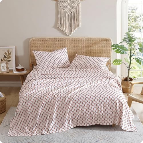 Indigo Ink Twin Size 3-Piece Sheet Set - Fitted & Flat Sheets & Pillowcase | Boho Medallion Pattern | Soft & Breathable | Durable & Wrinkle Resistant | Deep Pocket Sheets | Panther Collection, Spice - Image 1