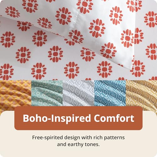 Indigo Ink Twin Size 3-Piece Sheet Set - Fitted & Flat Sheets & Pillowcase | Boho Medallion Pattern | Soft & Breathable | Durable & Wrinkle Resistant | Deep Pocket Sheets | Panther Collection, Spice - Image 5