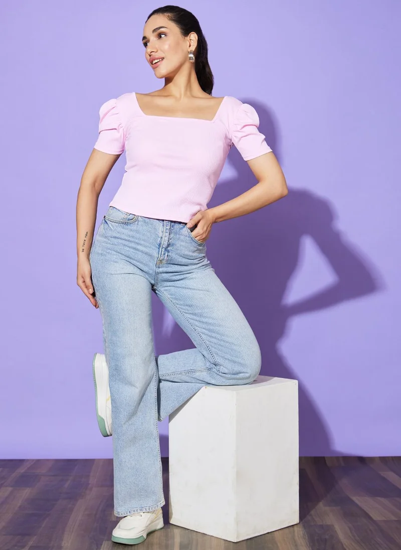 globus Globus Women Pink Self Design Puff Sleeve Slim Fit Cotton Top