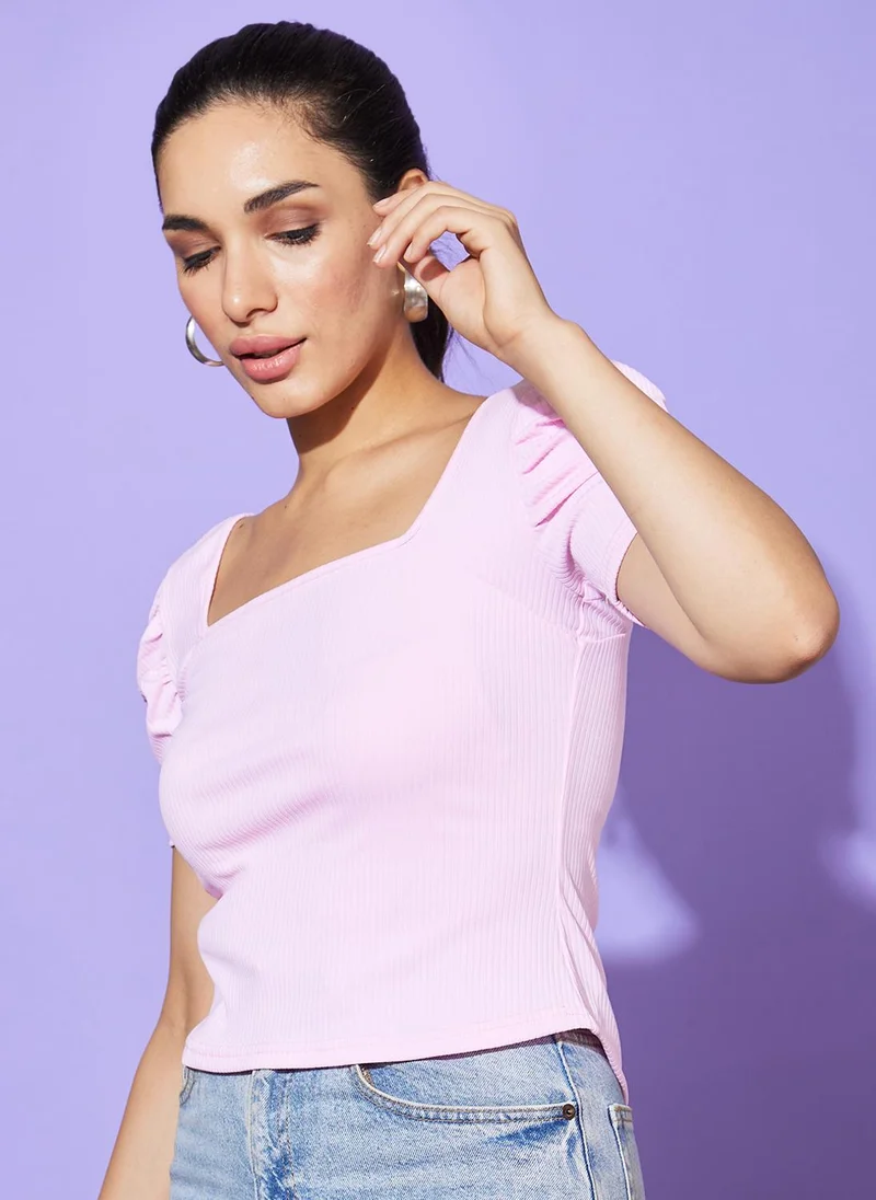 globus Globus Women Pink Self Design Puff Sleeve Slim Fit Cotton Top