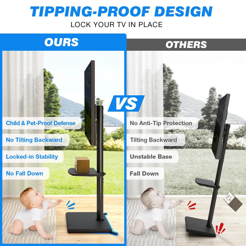 Rfiver Swivel Floor TV Stand with Mount for 32-60 Inch TVs up to 88lbs, Height Adjustable TV Mount with Wood Base & Shelf, Space-Saving Design Tall TV Stands for Living Room, Bedroom, Corner - Image 2