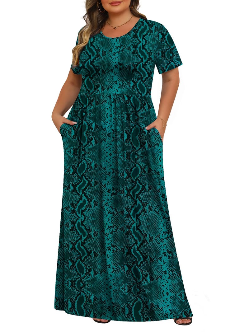 Tencede Womens Plus Size Maxi Dresses Summer 2026 Casual Short Sleeve with Pockets Long Dress Green Snake Skin 3X - Image 1