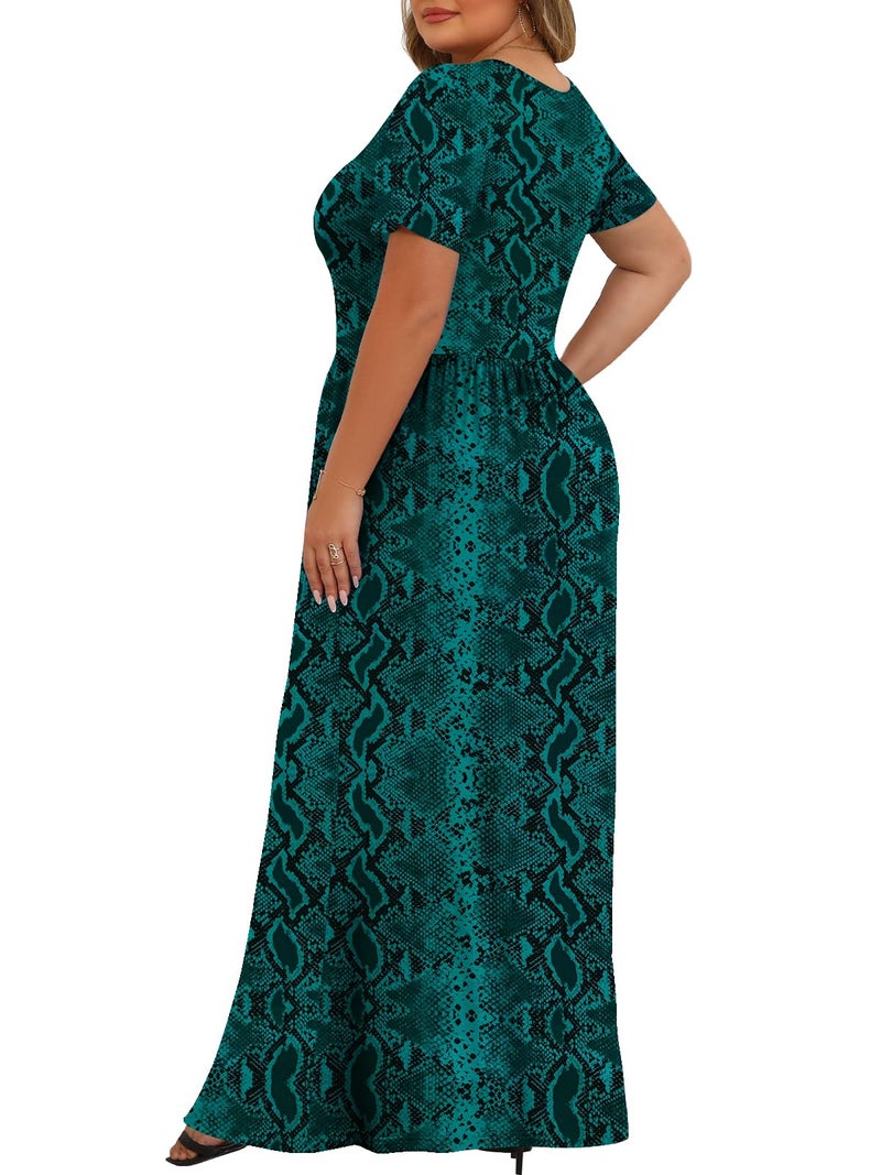 Tencede Womens Plus Size Maxi Dresses Summer 2026 Casual Short Sleeve with Pockets Long Dress Green Snake Skin 3X - Image 4