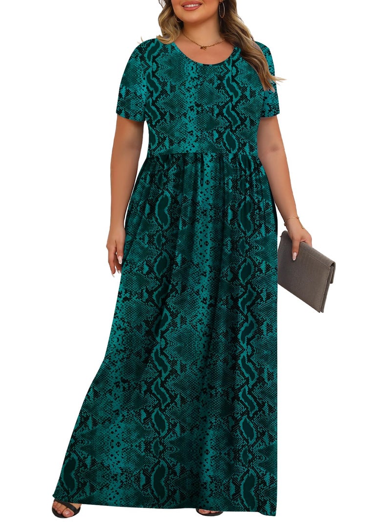 Tencede Womens Plus Size Maxi Dresses Summer 2026 Casual Short Sleeve with Pockets Long Dress Green Snake Skin 3X - Image 3