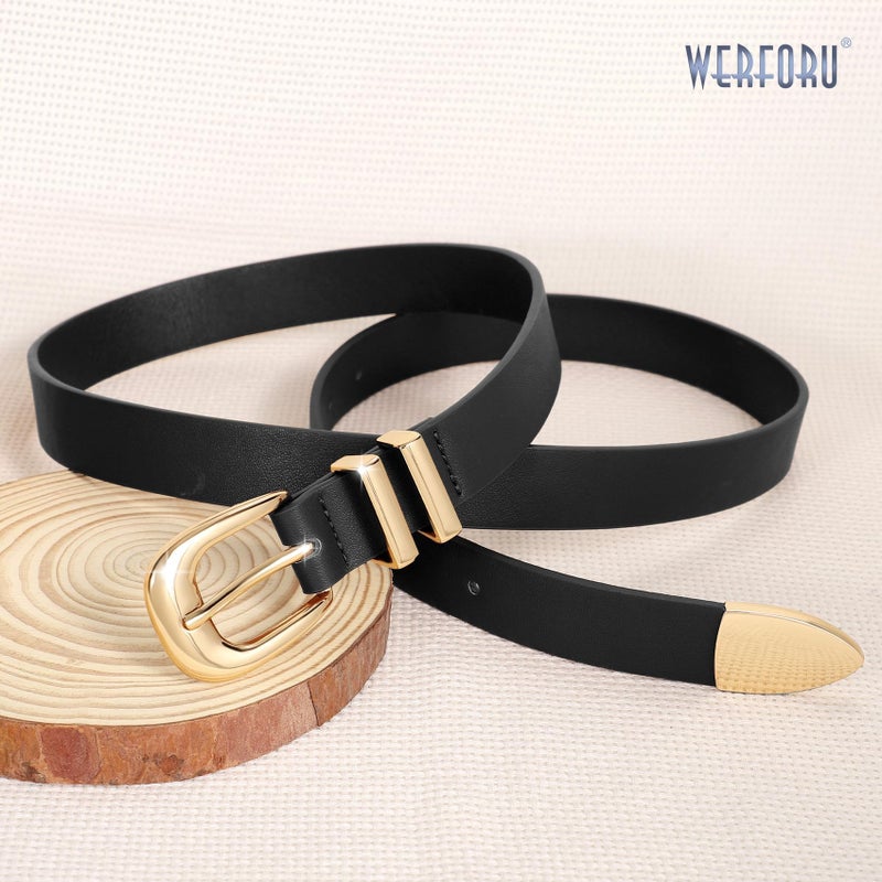 WERFORU Women Leather Belt Fashion Leather Waist Belt for Pants Jean Ladies Western Thin Belt with Gold/Silver Buckleï¼ˆFit Waist Size 26"-30",Black-Gold Buckle - Image 4