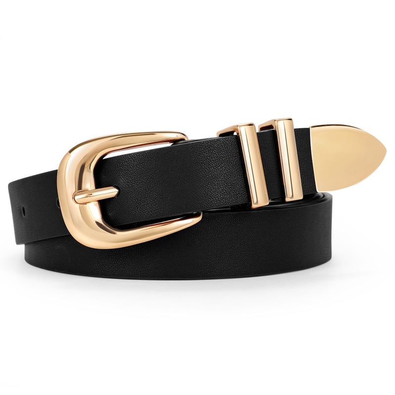 WERFORU Women Leather Belt Fashion Leather Waist Belt for Pants Jean Ladies Western Thin Belt with Gold/Silver Buckleï¼ˆFit Waist Size 26"-30",Black-Gold Buckle - Image 1