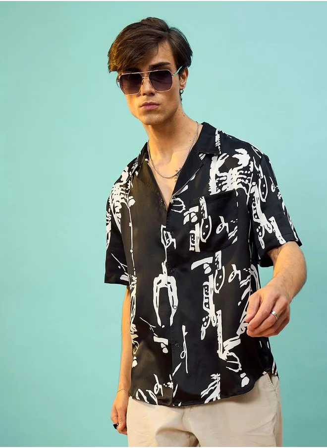 ماسكلن ساسافراس Satin Graphic Print Relaxed Fit Shirt by Styli