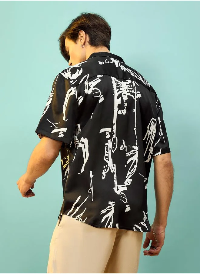 ماسكلن ساسافراس Satin Graphic Print Relaxed Fit Shirt by Styli