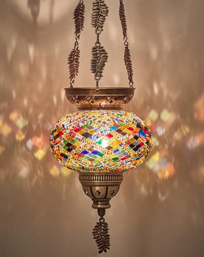 DEMMEX Turkish Moroccan Mosaic Hanging Candle Holder Decorative Lantern with Colorful Mosaic Glass Globe and Metal Leaf Chains, Handmade in Turkey, 24" H, Multicolored (Heaven) - Image 1