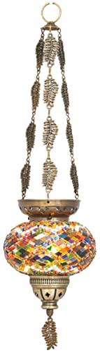 DEMMEX Turkish Moroccan Mosaic Hanging Candle Holder Decorative Lantern with Colorful Mosaic Glass Globe and Metal Leaf Chains, Handmade in Turkey, 24" H, Multicolored (Heaven) - Image 2