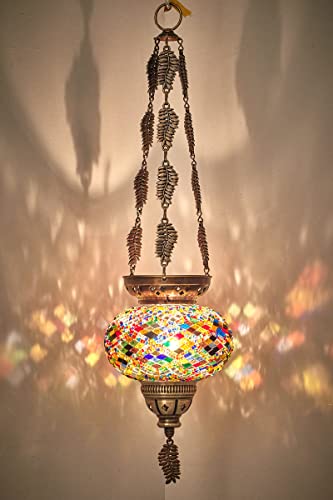 DEMMEX Turkish Moroccan Mosaic Hanging Candle Holder Decorative Lantern with Colorful Mosaic Glass Globe and Metal Leaf Chains, Handmade in Turkey, 24" H, Multicolored (Heaven) - Image 3