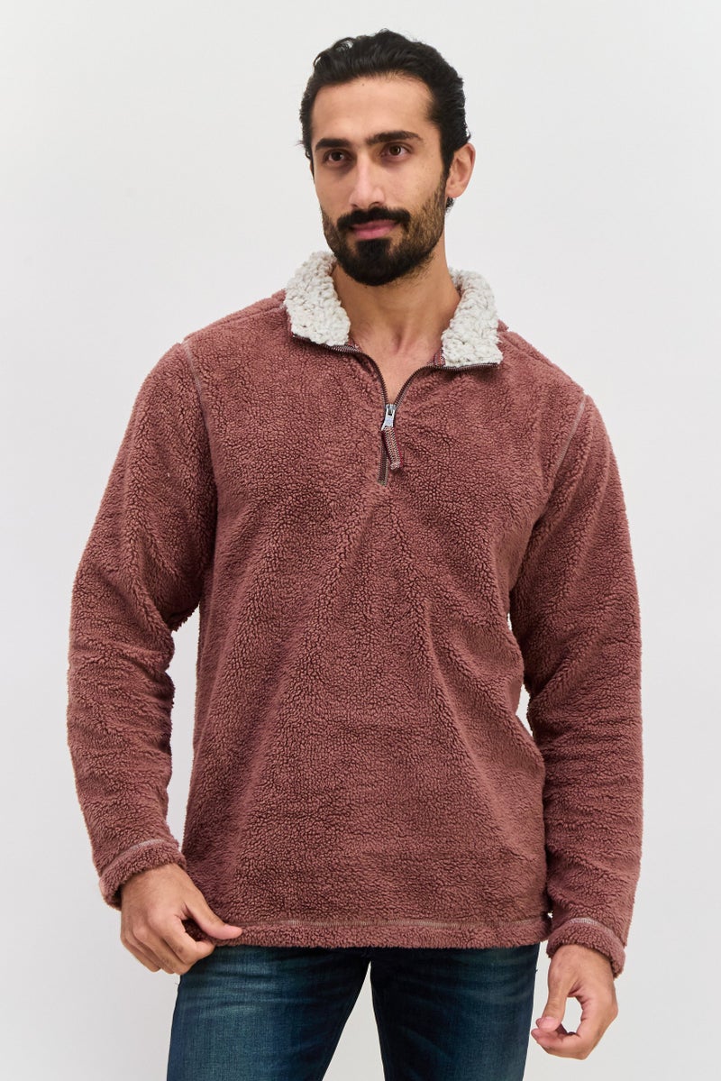 TRUE GRIT Men Sherpa Half Zip Sweater, Berry - Image 1