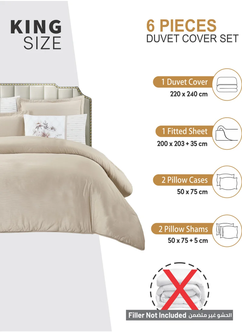 Donetella Duvet Set 6-Pcs King Size Striped Microfiber Bed Set With 1 Duvet Cover(220 X 240 CM) 1 Fitted Sheet 2 PillowSham And 2 Digital Printed Pillowcases(Without Filler),Beige