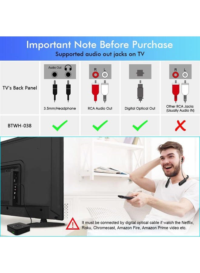 Golvery Bluetooth Headphones Transmitter for TV Watching, Neckband Wireless Stereo Earphones Earbuds Set w/Transmitter Adapter for Optical Digital RCA 3.5mm Aux TVs, Plug n Play No Audio Delay - Image 2