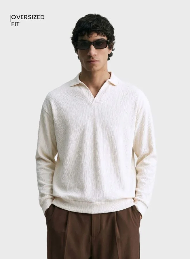 The Indian Garage Co Men Oversized Textured Polo Neck Full Sleeves Polo T-Shirt