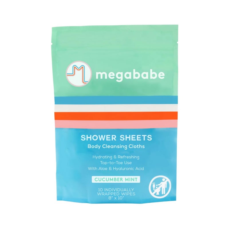 Megababe Cucumber Mint Shower Sheets | Individually Wrapped Body Cleansing Cloths | 10 Wipes (Pack of 1) - Image 1
