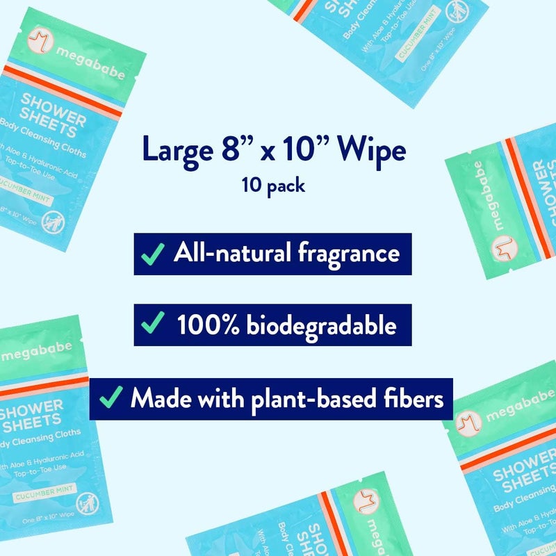 Megababe Cucumber Mint Shower Sheets | Individually Wrapped Body Cleansing Cloths | 10 Wipes (Pack of 1) - Image 3