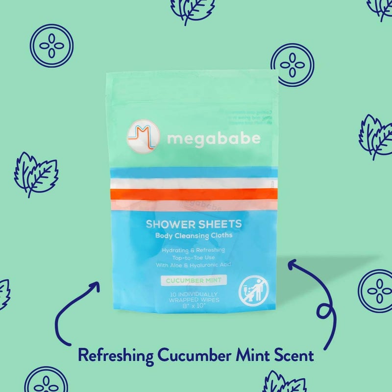 Megababe Cucumber Mint Shower Sheets | Individually Wrapped Body Cleansing Cloths | 10 Wipes (Pack of 1) - Image 4