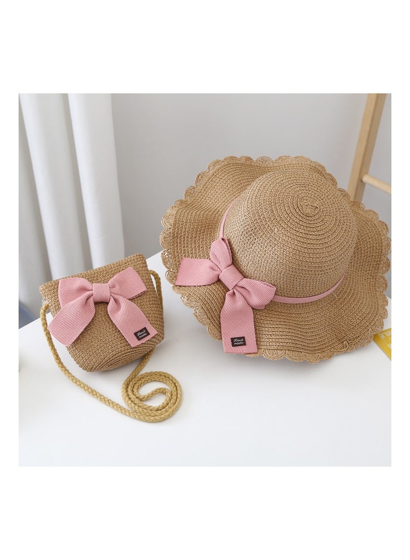 KUYING Summer Children's Sun Protection Hat, Straw Hat Bag set, Large Brim Sun Protection Hat 