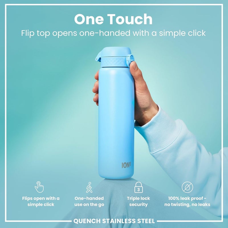 ION8 Lightweight 1 Litre Steel Water Bottle, Non-Insulated, Leak Proof, Easy to Open, Secure Lock, Dishwasher Safe, Flip Cover, Carry Handle, Ideal for Travel & Active Lifestyles - Image 2