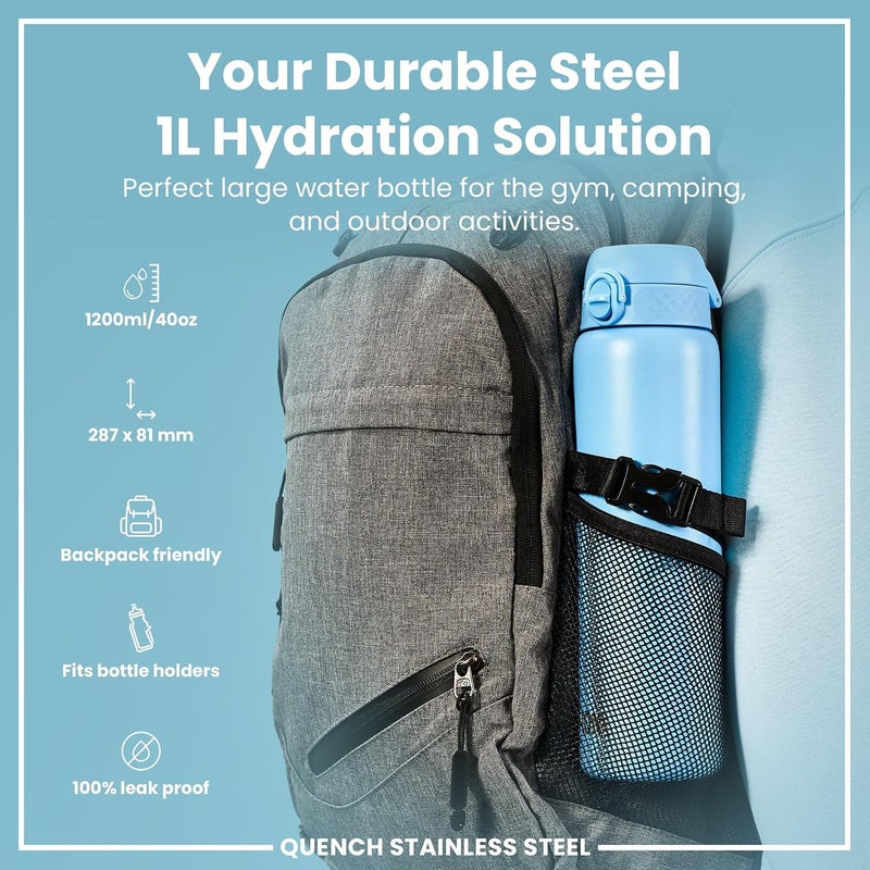 ION8 Lightweight 1 Litre Steel Water Bottle, Non-Insulated, Leak Proof, Easy to Open, Secure Lock, Dishwasher Safe, Flip Cover, Carry Handle, Ideal for Travel & Active Lifestyles - Image 1