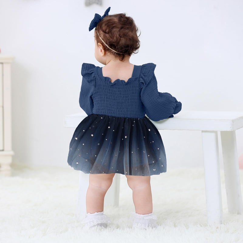 TITKKOP Baby Girl 1st Birthday Clothes One Year Old Tulle Romper Long Sleeve Bodysuit Cake Smash Outfits(dot-dark blue,9-12M) - Image 4