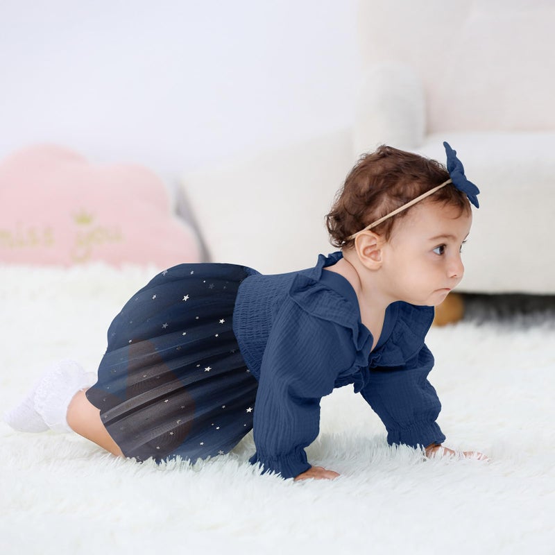 TITKKOP Baby Girl 1st Birthday Clothes One Year Old Tulle Romper Long Sleeve Bodysuit Cake Smash Outfits(dot-dark blue,9-12M) - Image 3