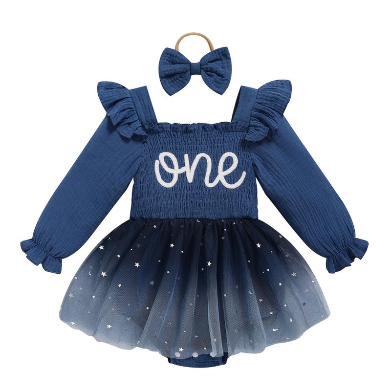 TITKKOP Baby Girl 1st Birthday Clothes One Year Old Tulle Romper Long Sleeve Bodysuit Cake Smash Outfits(dot-dark blue,9-12M) - Image 1