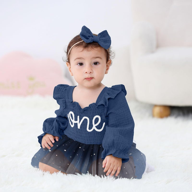 TITKKOP Baby Girl 1st Birthday Clothes One Year Old Tulle Romper Long Sleeve Bodysuit Cake Smash Outfits(dot-dark blue,9-12M) - Image 2