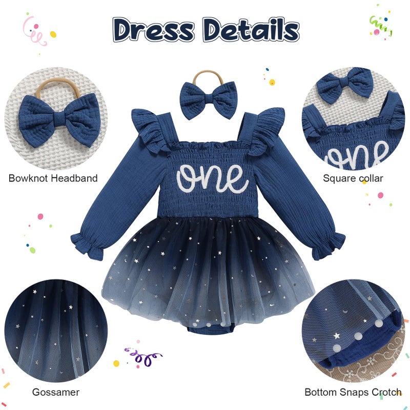 TITKKOP Baby Girl 1st Birthday Clothes One Year Old Tulle Romper Long Sleeve Bodysuit Cake Smash Outfits(dot-dark blue,9-12M) - Image 5
