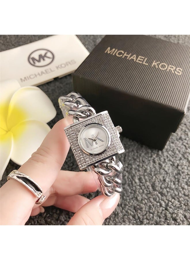 ام كي Michael Kors Women's Silver - Tone Watch with Crystal - Studded Square Case and Chunky Chain Bracelet