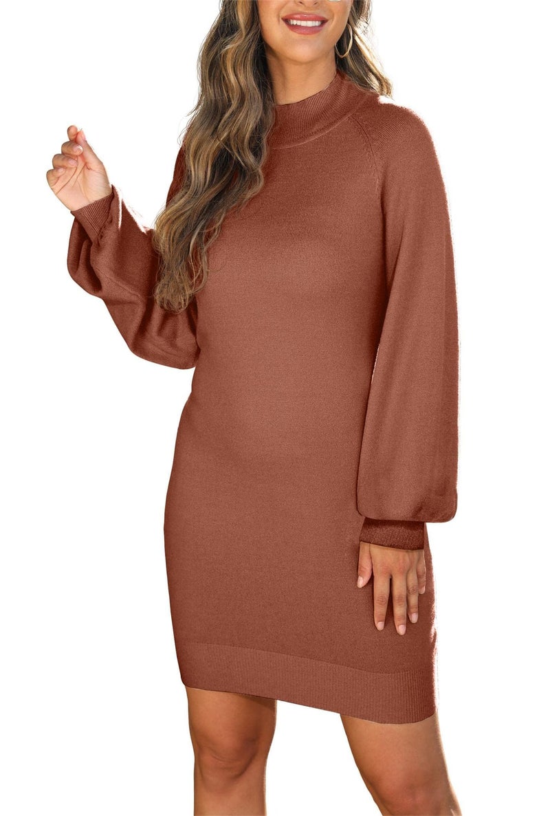 GRECERELLE Women's Mock Neck Ribbed Long Sleeve Bodycon Pullover Cute Mini Sweater Dress(Large, Dark Brown) - Image 5
