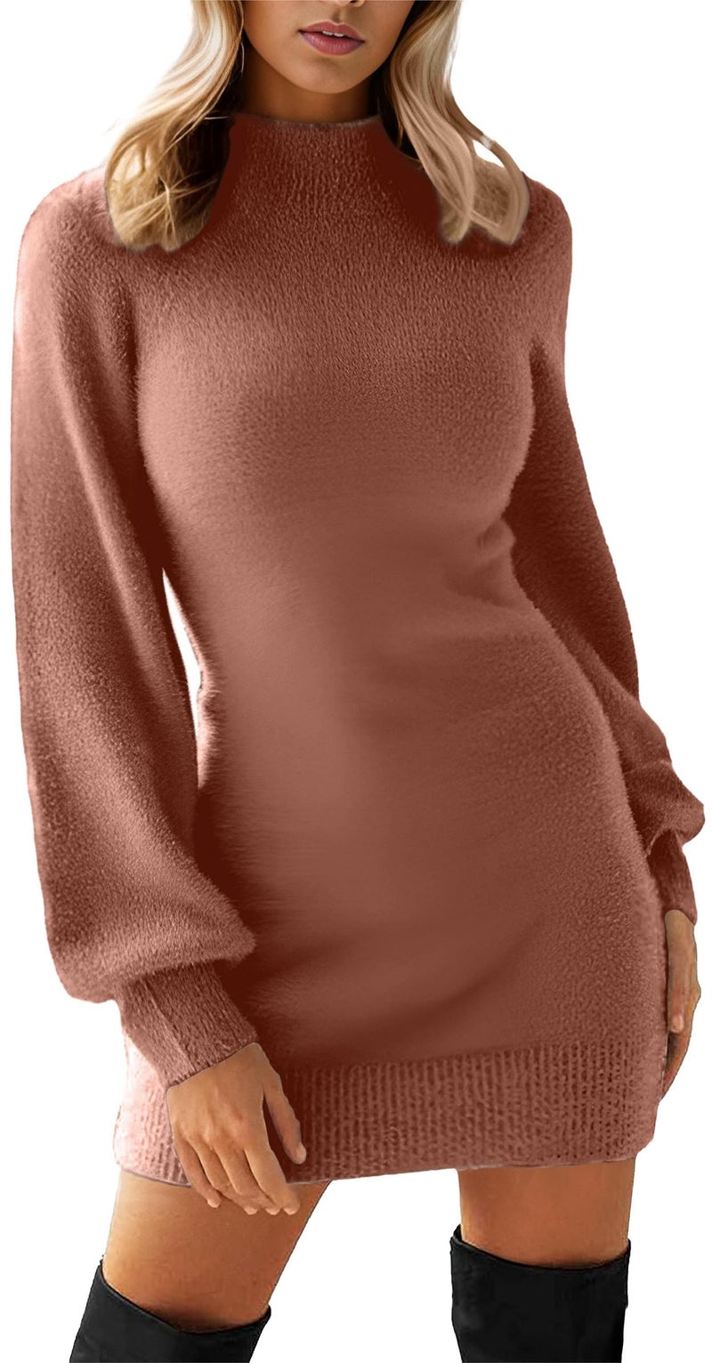 GRECERELLE Women's Mock Neck Ribbed Long Sleeve Bodycon Pullover Cute Mini Sweater Dress(Large, Dark Brown) - Image 1