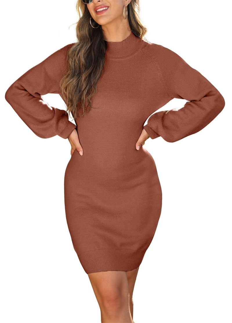 GRECERELLE Women's Mock Neck Ribbed Long Sleeve Bodycon Pullover Cute Mini Sweater Dress(Large, Dark Brown) - Image 2