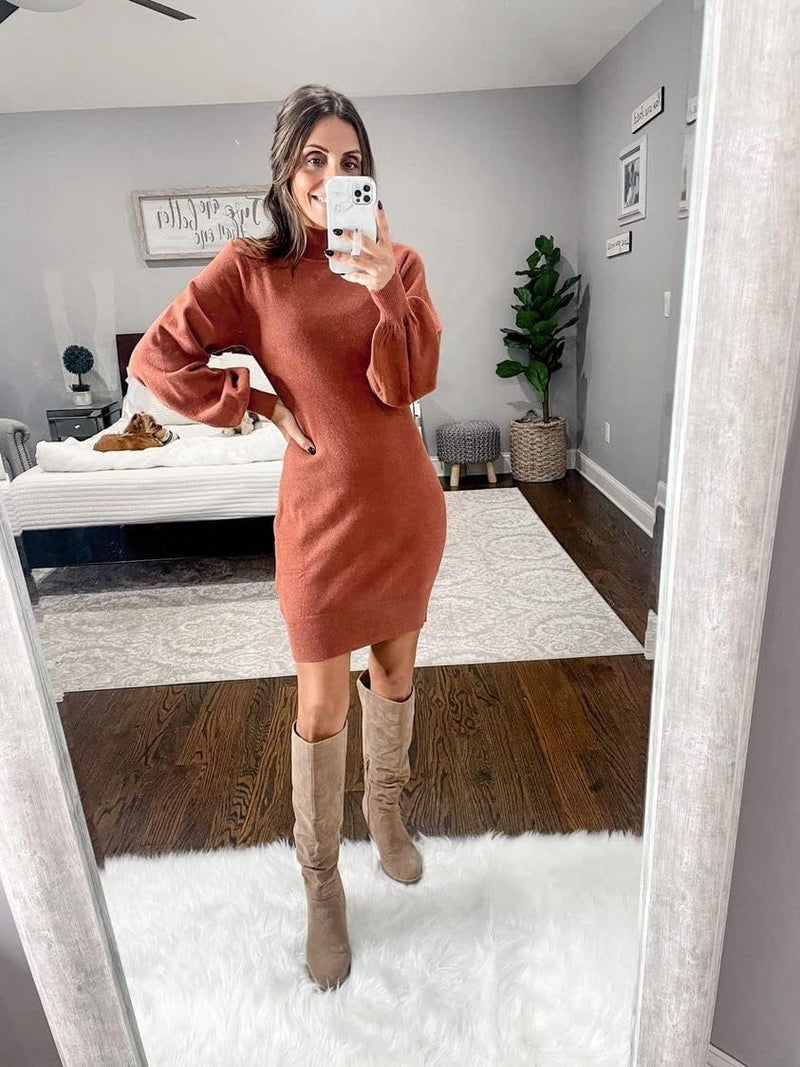 GRECERELLE Women's Mock Neck Ribbed Long Sleeve Bodycon Pullover Cute Mini Sweater Dress(Large, Dark Brown) - Image 3
