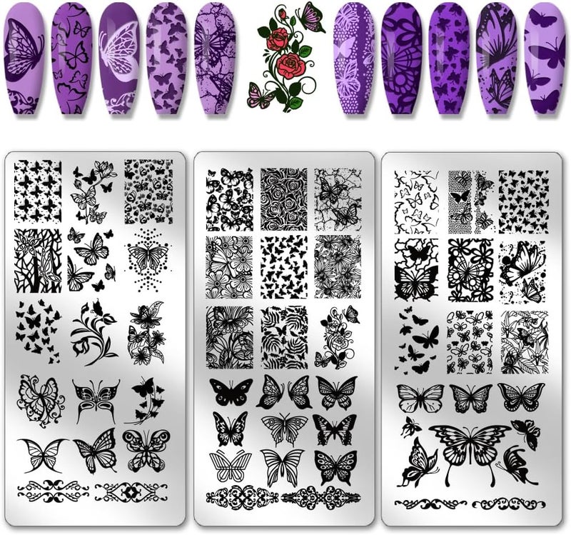 PH PandaHall 3pcs Butterfly Nail Stamping Plate Mysterious Butterflies Flower Art Templates Spring Nail Art Stencils Stainless Steel Image Plates for Women Print Manicures Salon Design Supplies