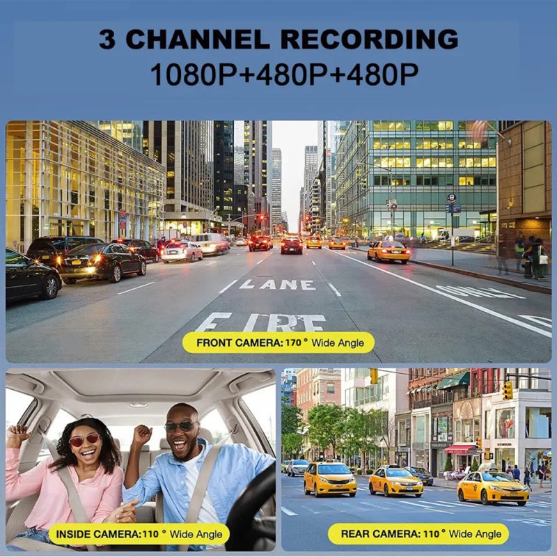 Dash Camera: 1080P 3-Camera Black - 2 Inch IPS Screen Night-Vision Recording Motion Detection Loop Recording for Car Safety Road Trips Driver Accessory - Image 2