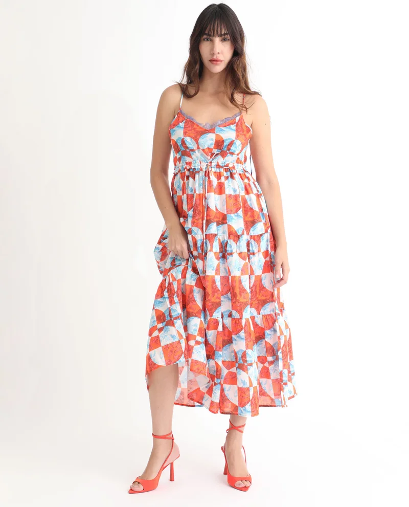 Rareism Women's Boho Abstract Print Tiered Maxi Dress
