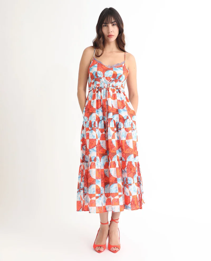 Rareism Women's Boho Abstract Print Tiered Maxi Dress