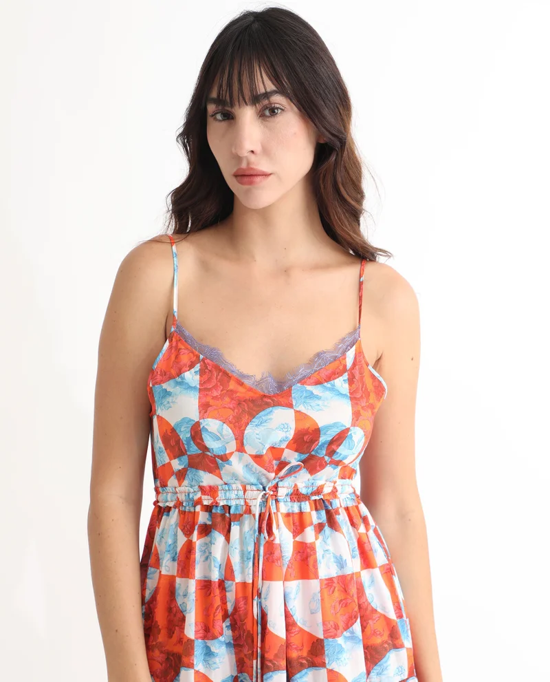 Rareism Women's Boho Abstract Print Tiered Maxi Dress