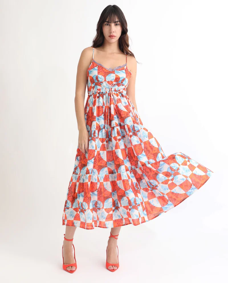 ريريزم Women's Boho Abstract Print Tiered Maxi Dress
