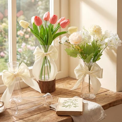 Teecyhooo 20 Pcs Small Plastic Bud Vases Bulk with Ribbon for Centerpieces, Clear Flower Vases for Wedding Home, Height Shatterproof Vase for Wedding Home Party Table Decoration(White Ribbon) - Image 4