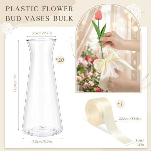 Teecyhooo 20 Pcs Small Plastic Bud Vases Bulk with Ribbon for Centerpieces, Clear Flower Vases for Wedding Home, Height Shatterproof Vase for Wedding Home Party Table Decoration(White Ribbon) - Image 2